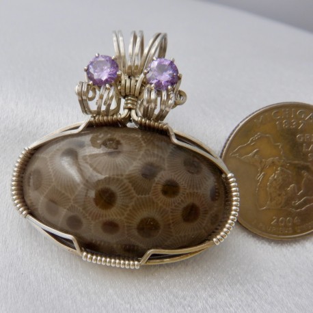 Classy Petoskey Stone Pendant with Amethyst