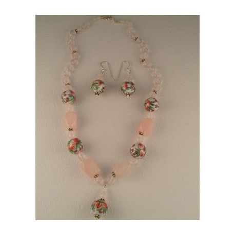 Rose Quartz and Painted Flower Beads Necklace